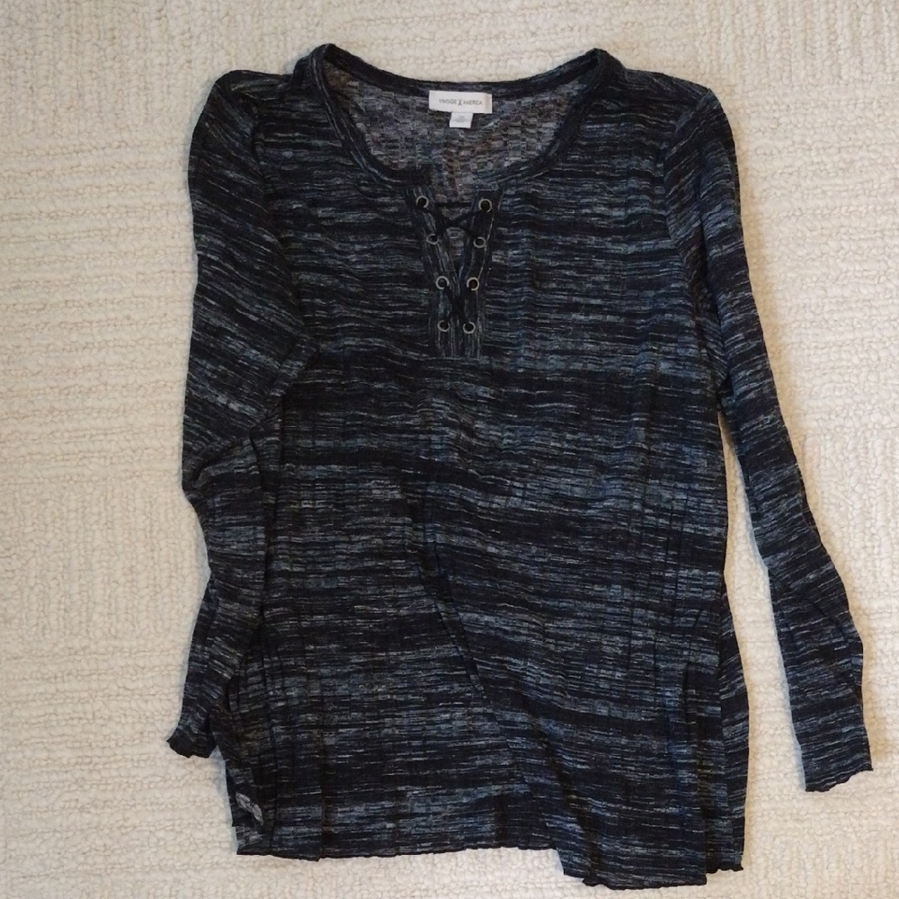 Vintage America Black and Gray Lace-Up Blouse